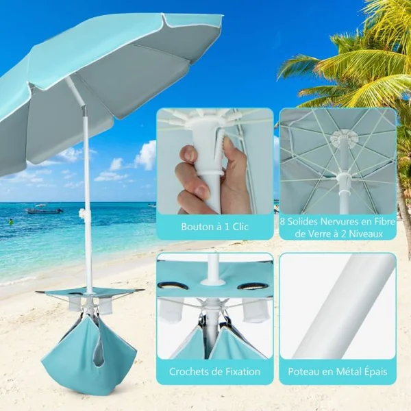 Parasol Jardin Inclinable 192cm avec Table Porte-gobelet et Sac de Sable Détachable 23KG Sac de Transport pour Plage Bleu