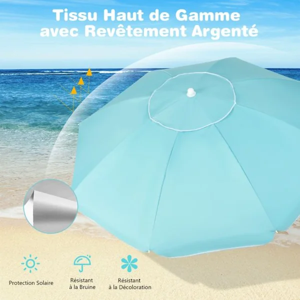 Parasol Jardin Inclinable 192cm avec Table Porte-gobelet et Sac de Sable Détachable 23KG Sac de Transport pour Plage Bleu