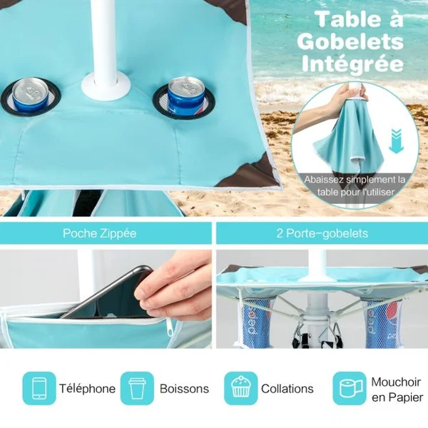 Parasol Jardin Inclinable 192cm avec Table Porte-gobelet et Sac de Sable Détachable 23KG Sac de Transport pour Plage Bleu