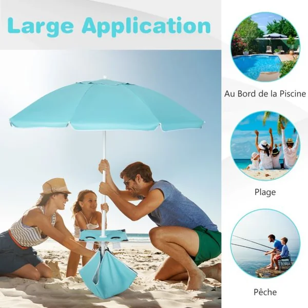 Parasol Jardin Inclinable 192cm avec Table Porte-gobelet et Sac de Sable Détachable 23KG Sac de Transport pour Plage Bleu