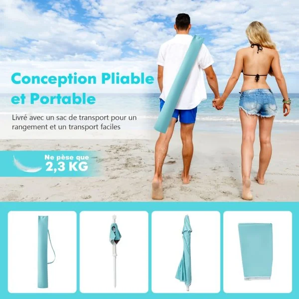 Parasol Jardin Inclinable 192cm avec Table Porte-gobelet et Sac de Sable Détachable 23KG Sac de Transport pour Plage Bleu