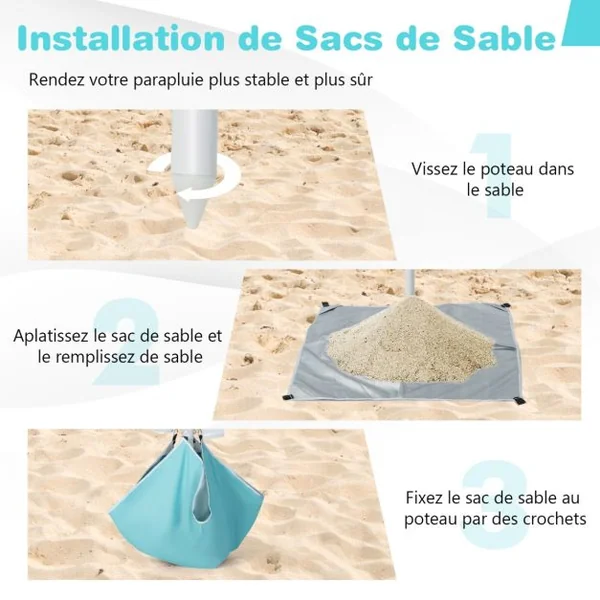 Parasol Jardin Inclinable 192cm avec Table Porte-gobelet et Sac de Sable Détachable 23KG Sac de Transport pour Plage Bleu