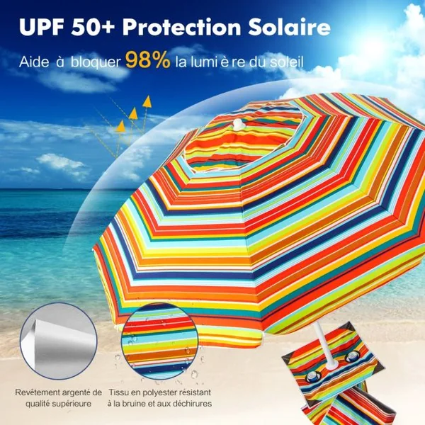 Parasol Jardin Inclinable 192cm avec Table Porte-gobelet et Sac de Sable Détachable 23KG Sac de Transport pour Plage Colorée