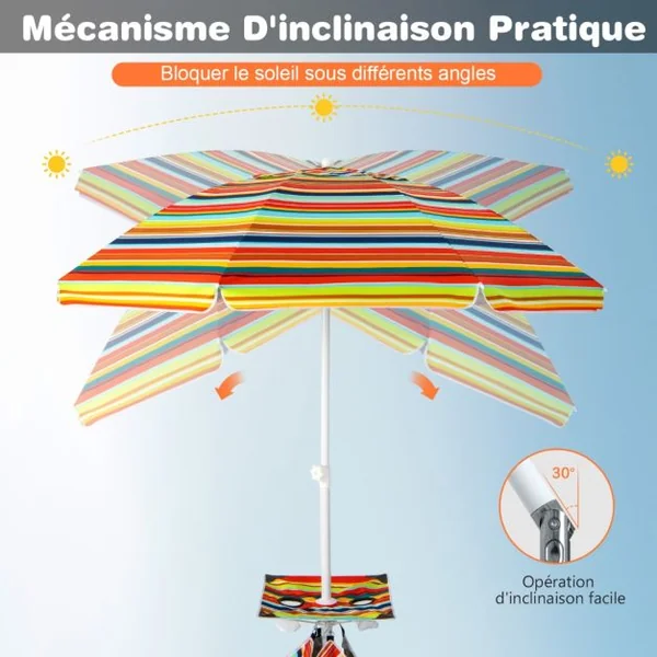 Parasol Jardin Inclinable 192cm avec Table Porte-gobelet et Sac de Sable Détachable 23KG Sac de Transport pour Plage Colorée