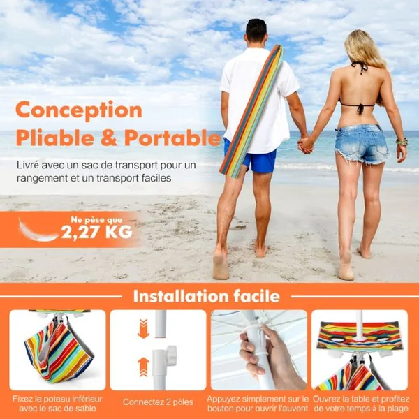Parasol Jardin Inclinable 192cm avec Table Porte-gobelet et Sac de Sable Détachable 23KG Sac de Transport pour Plage Colorée