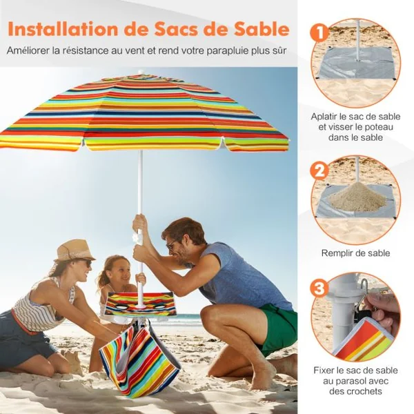 Parasol Jardin Inclinable 192cm avec Table Porte-gobelet et Sac de Sable Détachable 23KG Sac de Transport pour Plage Colorée