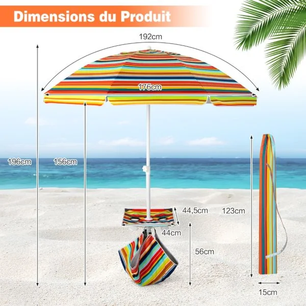 Parasol Jardin Inclinable 192cm avec Table Porte-gobelet et Sac de Sable Détachable 23KG Sac de Transport pour Plage Colorée