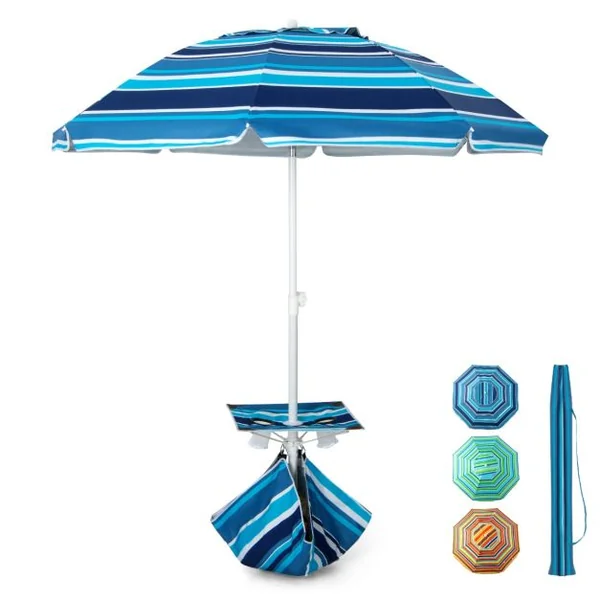Parasol Jardin Inclinable 192cm avec Table Porte-gobelet et Sac de Sable Détachable 23KG Sac de Transport pour Plage Marine