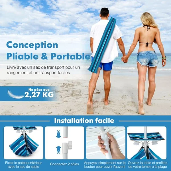 Parasol Jardin Inclinable 192cm avec Table Porte-gobelet et Sac de Sable Détachable 23KG Sac de Transport pour Plage Marine