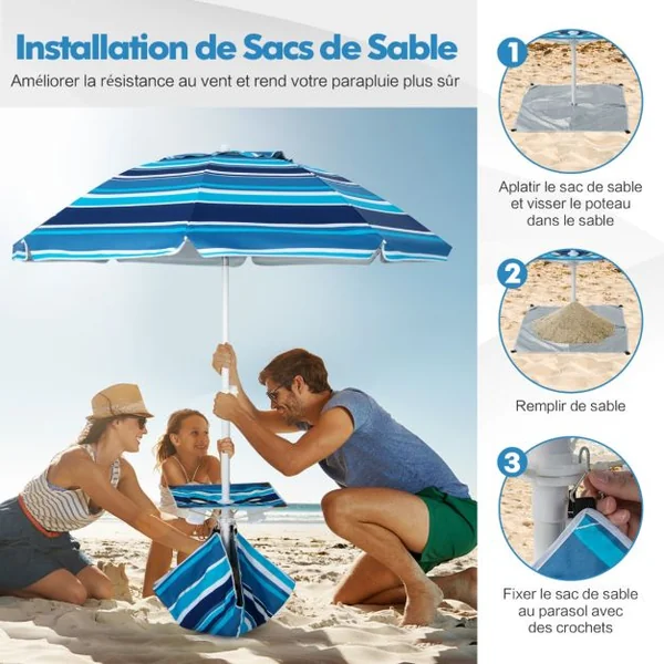 Parasol Jardin Inclinable 192cm avec Table Porte-gobelet et Sac de Sable Détachable 23KG Sac de Transport pour Plage Marine