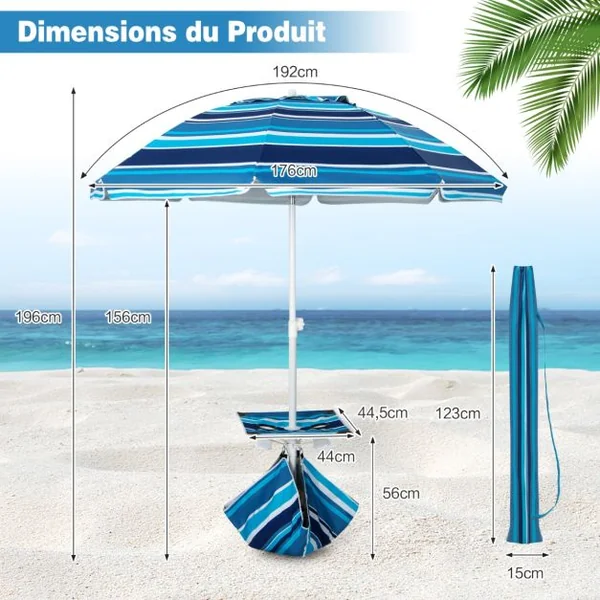 Parasol Jardin Inclinable 192cm avec Table Porte-gobelet et Sac de Sable Détachable 23KG Sac de Transport pour Plage Marine