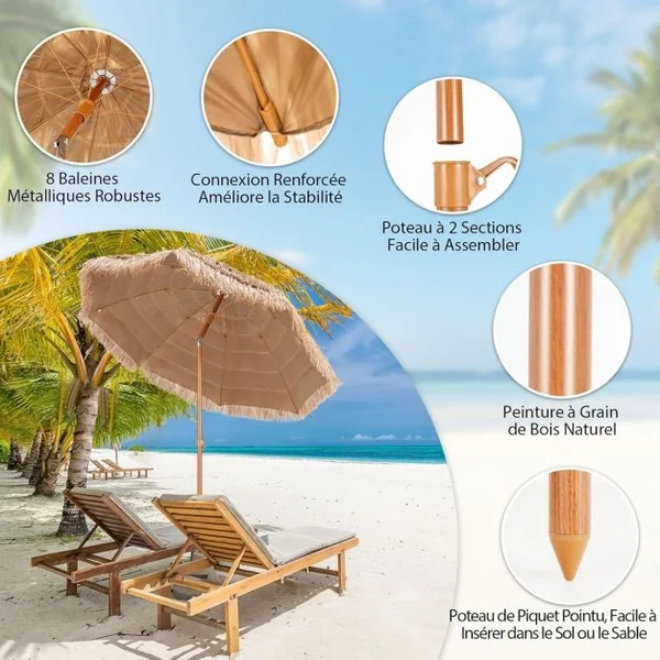 Parasol Plage Tropicale Φ220 CM Parasol Exotique Paille Hawaïen 8 Baleines Parasol de Jardin Extérieur Inclinable pour Balcon Patio Balcon
