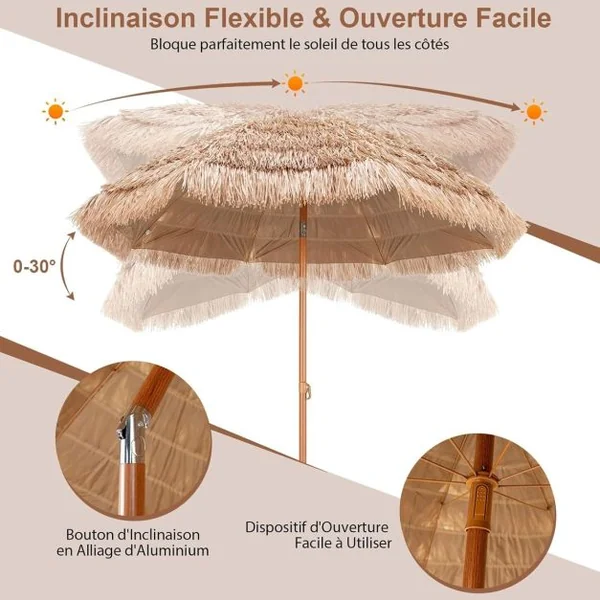 Parasol Plage Tropicale Φ220 CM Parasol Exotique Paille Hawaïen 8 Baleines Parasol de Jardin Extérieur Inclinable pour Balcon Patio Balcon