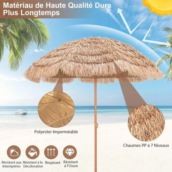 Parasol Plage Tropicale Φ220 CM Parasol Exotique Paille Hawaïen 8 Baleines Parasol de Jardin Extérieur Inclinable pour Balcon Patio Balcon