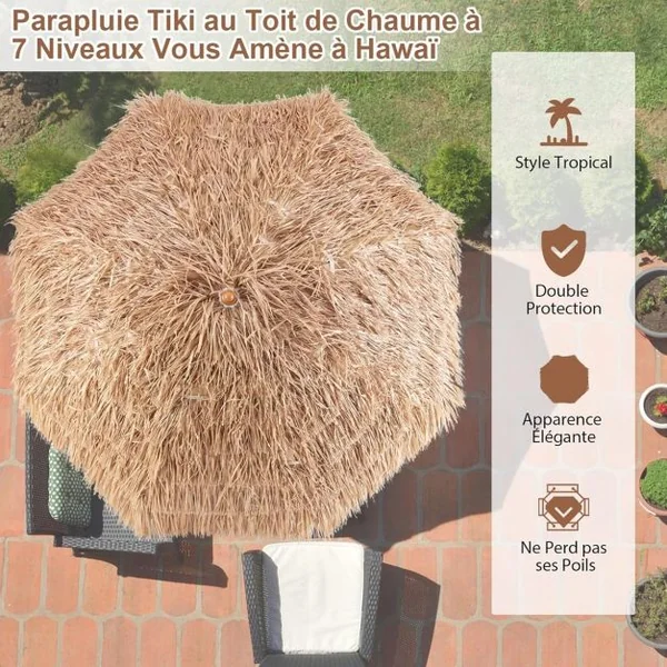 Parasol Plage Tropicale Φ220 CM Parasol Exotique Paille Hawaïen 8 Baleines Parasol de Jardin Extérieur Inclinable pour Balcon Patio Balcon