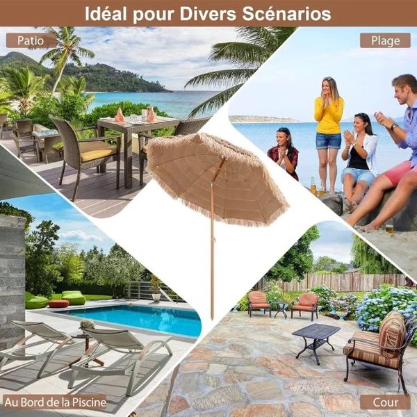 Parasol Plage Tropicale Φ220 CM Parasol Exotique Paille Hawaïen 8 Baleines Parasol de Jardin Extérieur Inclinable pour Balcon Patio Balcon