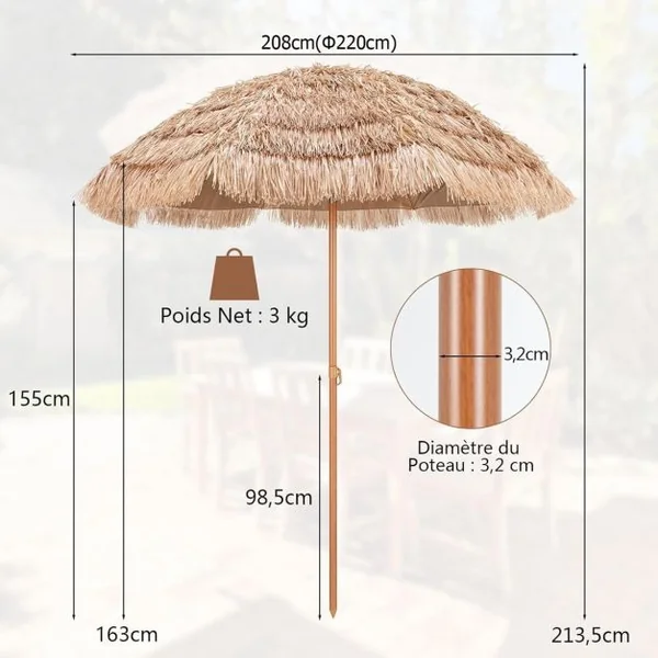 Parasol Plage Tropicale Φ220 CM Parasol Exotique Paille Hawaïen 8 Baleines Parasol de Jardin Extérieur Inclinable pour Balcon Patio Balcon