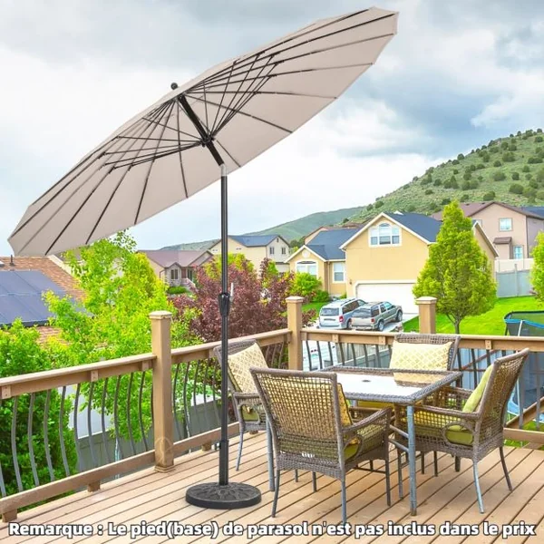 Parasol Rond de 265 Cm Parasol avec 18 Baleines en Fibre de Verre Inclinaison à Bouton-poussoir Manivelle Toile Résistante Beige/Bleu/Marron
