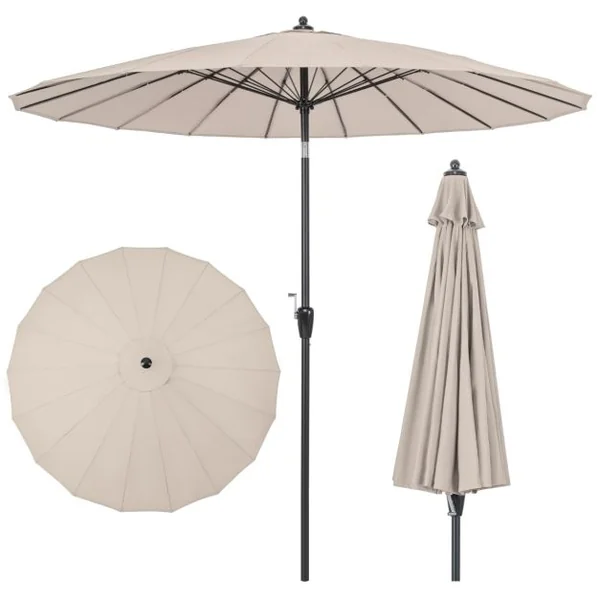Parasol Rond de 265 Cm Parasol avec 18 Baleines en Fibre de Verre Inclinaison à Bouton-poussoir Manivelle Toile Résistante Beige/Bleu/Marron