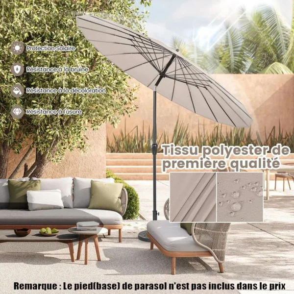 Parasol Rond de 265 Cm Parasol avec 18 Baleines en Fibre de Verre Inclinaison à Bouton-poussoir Manivelle Toile Résistante Beige/Bleu/Marron
