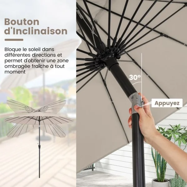 Parasol Rond de 265 Cm Parasol avec 18 Baleines en Fibre de Verre Inclinaison à Bouton-poussoir Manivelle Toile Résistante Beige/Bleu/Marron