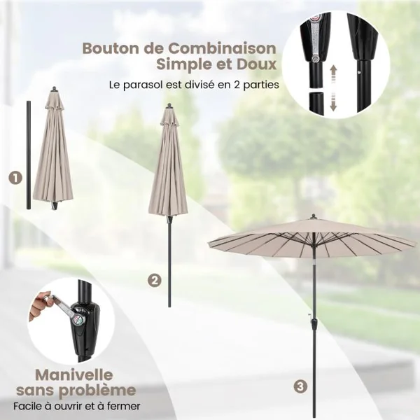 Parasol Rond de 265 Cm Parasol avec 18 Baleines en Fibre de Verre Inclinaison à Bouton-poussoir Manivelle Toile Résistante Beige/Bleu/Marron