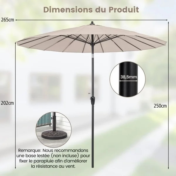 Parasol Rond de 265 Cm Parasol avec 18 Baleines en Fibre de Verre Inclinaison à Bouton-poussoir Manivelle Toile Résistante Beige/Bleu/Marron