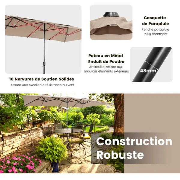 Parasol Terrasse à 10 côtes Cadre Métal Poignée Manivelle Sommet Ventilé Grand Parasol Double Jumeau 5 Couleurs au Choix