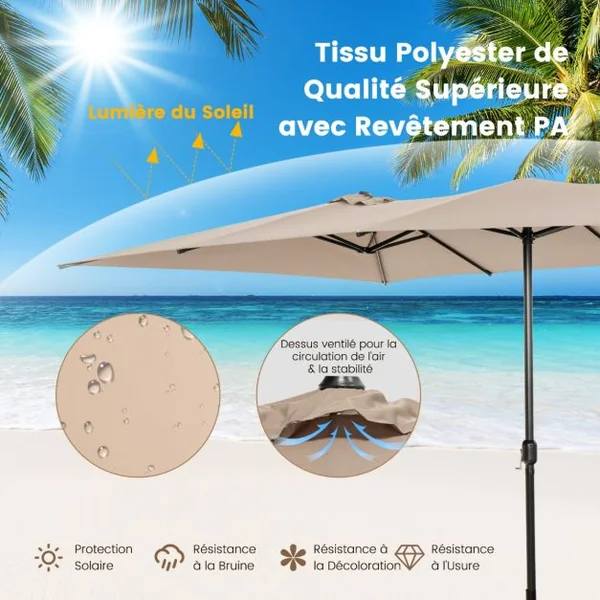 Parasol Terrasse à 10 côtes Cadre Métal Poignée Manivelle Sommet Ventilé Grand Parasol Double Jumeau 5 Couleurs au Choix