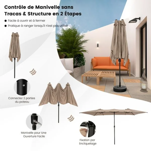 Parasol Terrasse à 10 côtes Cadre Métal Poignée Manivelle Sommet Ventilé Grand Parasol Double Jumeau 5 Couleurs au Choix