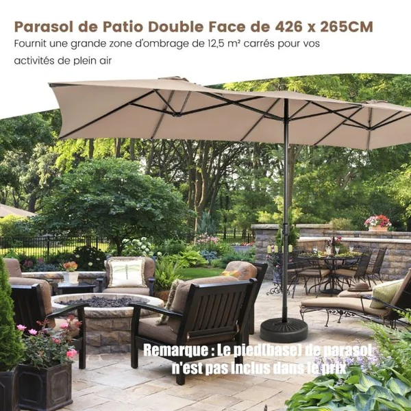 Parasol Terrasse à 10 côtes Cadre Métal Poignée Manivelle Sommet Ventilé Grand Parasol Double Jumeau 5 Couleurs au Choix
