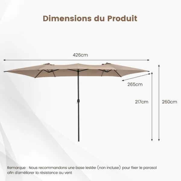 Parasol Terrasse à 10 côtes Cadre Métal Poignée Manivelle Sommet Ventilé Grand Parasol Double Jumeau 5 Couleurs au Choix