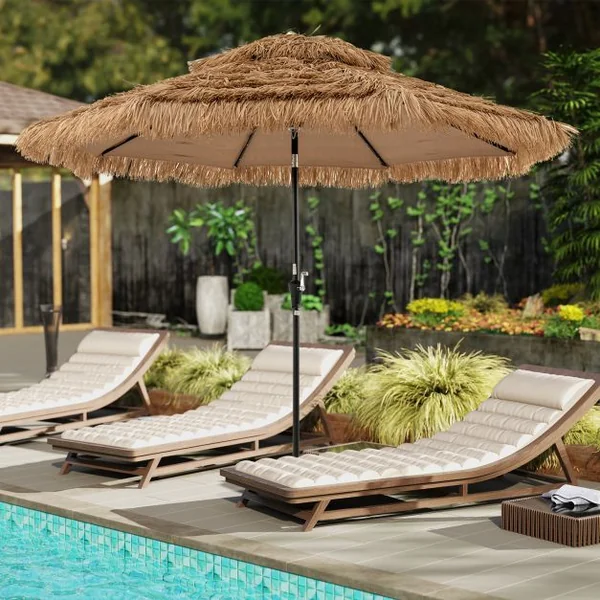 Parasol à Toit de Chaume 305 cm 8 Baleines 32 Lumières LED Solaire Lumière Centrale Manivelle Manuelle Bouton Poussoir Double Ventilation