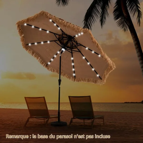 Parasol à Toit de Chaume 305 cm 8 Baleines 32 Lumières LED Solaire Lumière Centrale Manivelle Manuelle Bouton Poussoir Double Ventilation