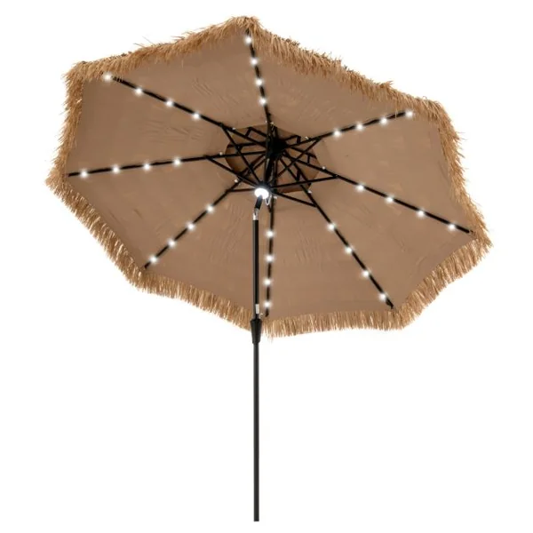 Parasol à Toit de Chaume 305 cm 8 Baleines 32 Lumières LED Solaire Lumière Centrale Manivelle Manuelle Bouton Poussoir Double Ventilation