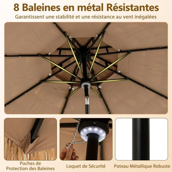 Parasol à Toit de Chaume 305 cm 8 Baleines 32 Lumières LED Solaire Lumière Centrale Manivelle Manuelle Bouton Poussoir Double Ventilation