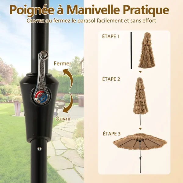 Parasol à Toit de Chaume 305 cm 8 Baleines 32 Lumières LED Solaire Lumière Centrale Manivelle Manuelle Bouton Poussoir Double Ventilation