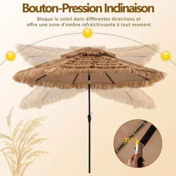 Parasol à Toit de Chaume 305 cm 8 Baleines 32 Lumières LED Solaire Lumière Centrale Manivelle Manuelle Bouton Poussoir Double Ventilation