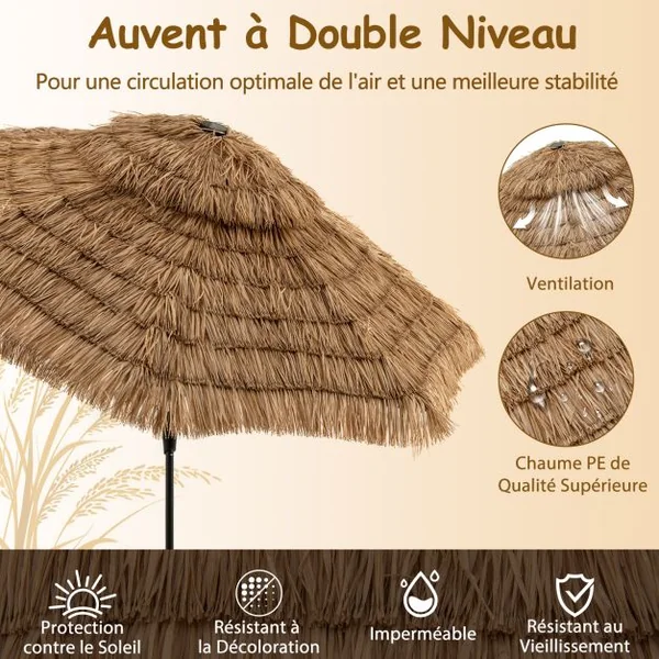 Parasol à Toit de Chaume 305 cm 8 Baleines 32 Lumières LED Solaire Lumière Centrale Manivelle Manuelle Bouton Poussoir Double Ventilation
