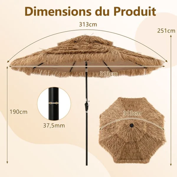 Parasol à Toit de Chaume 305 cm 8 Baleines 32 Lumières LED Solaire Lumière Centrale Manivelle Manuelle Bouton Poussoir Double Ventilation