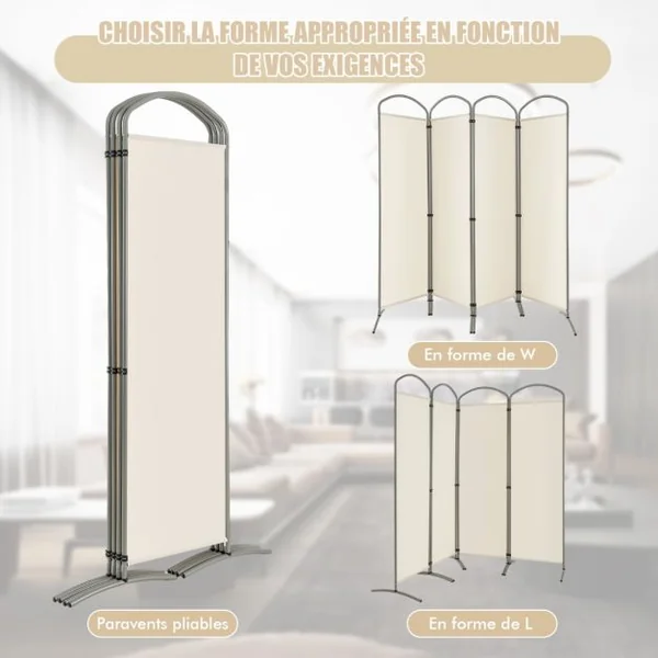 Paravent de Confidentialité Pliant à 4 Panneaux Séparateur de Pièce de 188 Cm de Haut Séparateur d'Écran en Tissu Autoportant Blanc