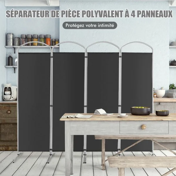 Paravent de Confidentialité Pliant à 4 Panneaux Séparateur de Pièce de 188 Cm de Haut Séparateur d'Écran en Tissu Autoportant Gris