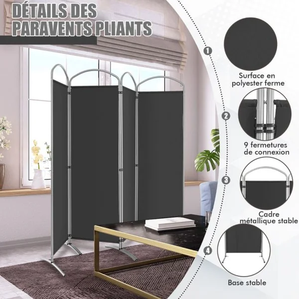 Paravent de Confidentialité Pliant à 4 Panneaux Séparateur de Pièce de 188 Cm de Haut Séparateur d'Écran en Tissu Autoportant Gris