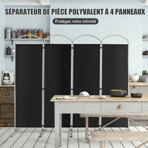 Paravent de Confidentialité Pliant à 4 Panneaux Séparateur de Pièce de 188 Cm de Haut Séparateur d'Écran en Tissu Autoportant Noir