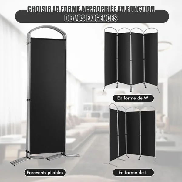 Paravent de Confidentialité Pliant à 4 Panneaux Séparateur de Pièce de 188 Cm de Haut Séparateur d'Écran en Tissu Autoportant Noir