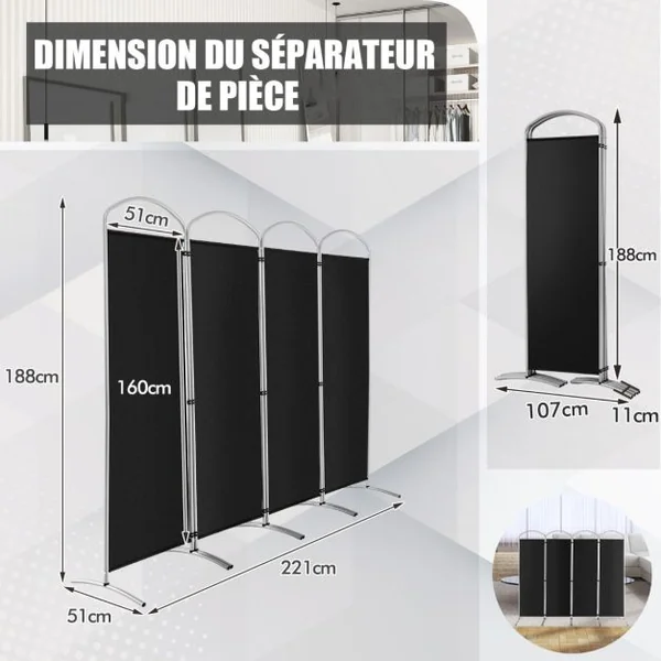 Paravent de Confidentialité Pliant à 4 Panneaux Séparateur de Pièce de 188 Cm de Haut Séparateur d'Écran en Tissu Autoportant Noir