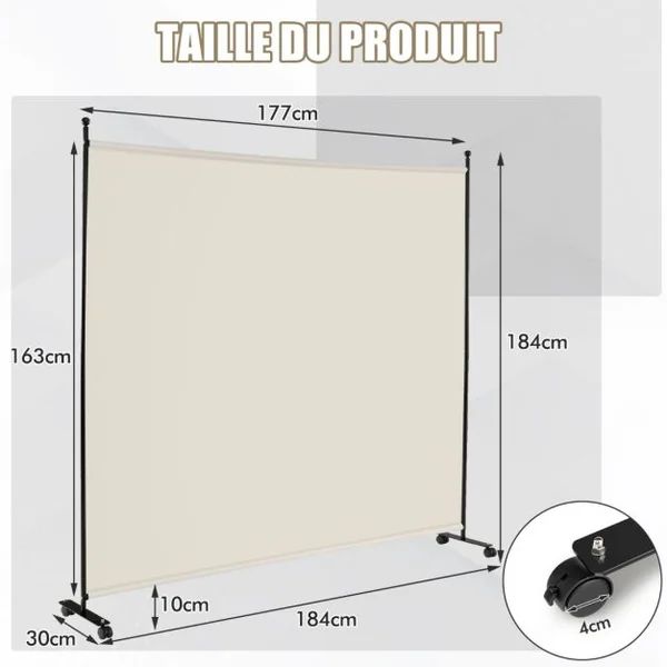 Paravent pour l'Intérieur & l'Extérieur- 184 x 184 CM à Roulettes Écran de Confidentialité Brise Vue Balcon / Jardin Blanc