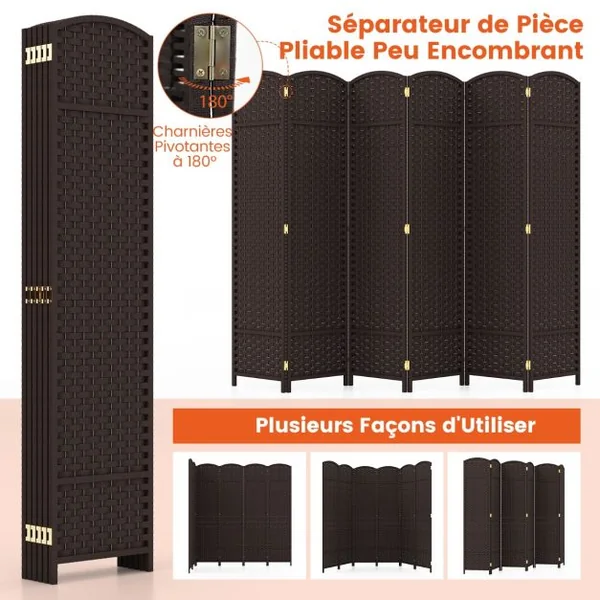 Paravent à 6 Panneaux 240 x 170 cm Cloison de Séparation Protéger Privée Marron Foncé Noir