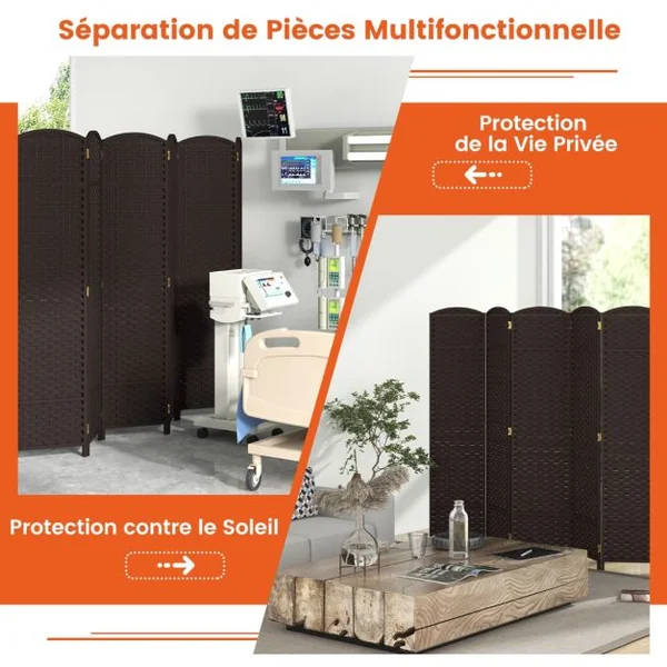 Paravent à 6 Panneaux 240 x 170 cm Cloison de Séparation Protéger Privée Marron Foncé Noir