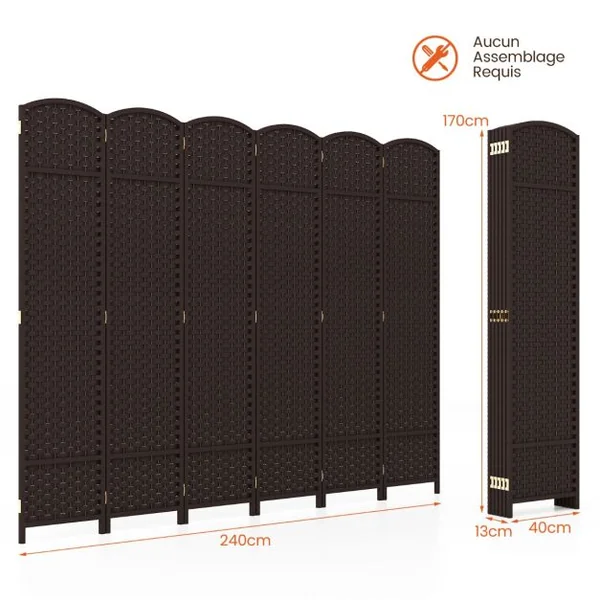 Paravent à 6 Panneaux 240 x 170 cm Cloison de Séparation Protéger Privée Marron Foncé Noir